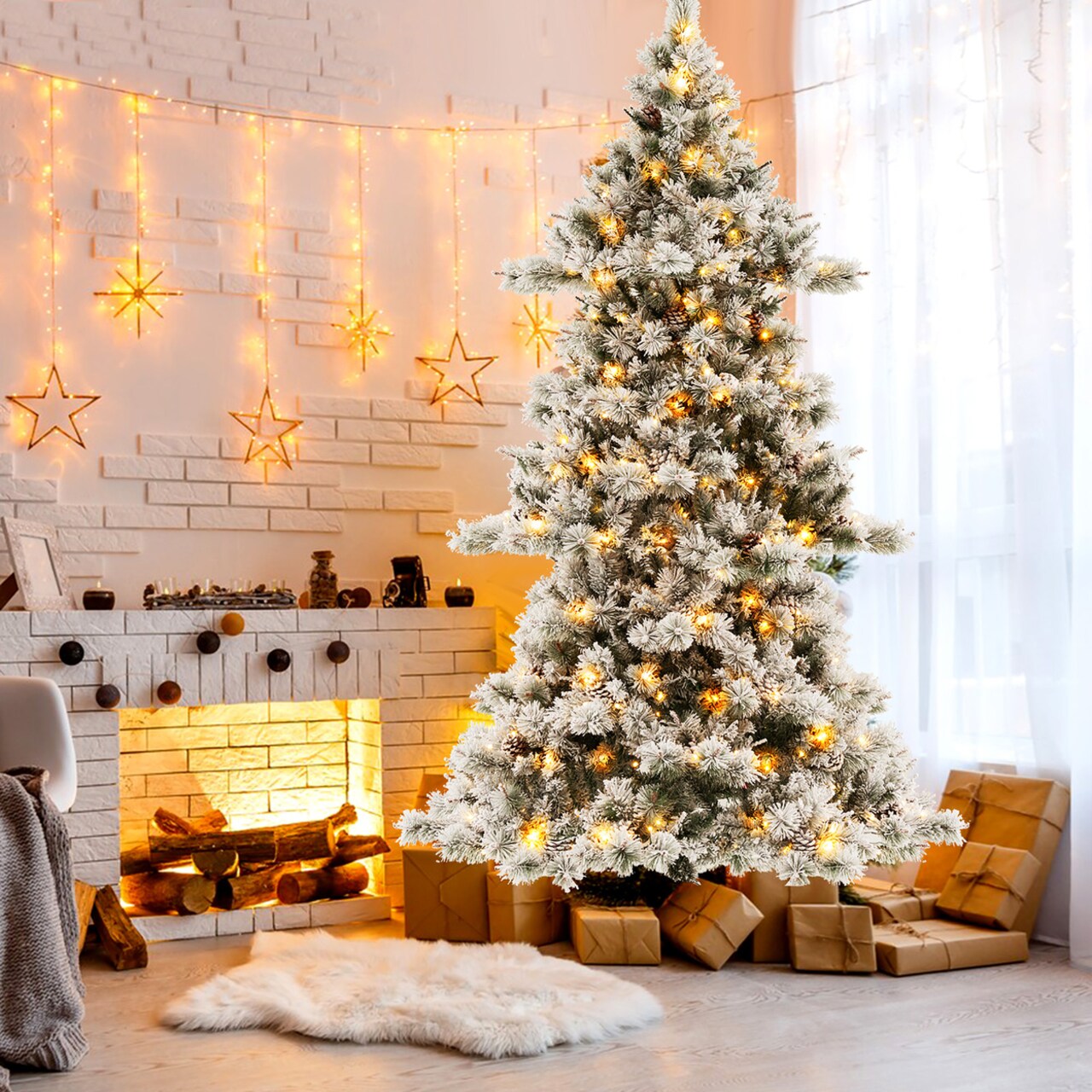 7 Ft Pre-Lit Snow-Flocked Christmas Tree Artificial Hinged Xmas Tree W/ 1057 Branch Tips And 420 Led Lights